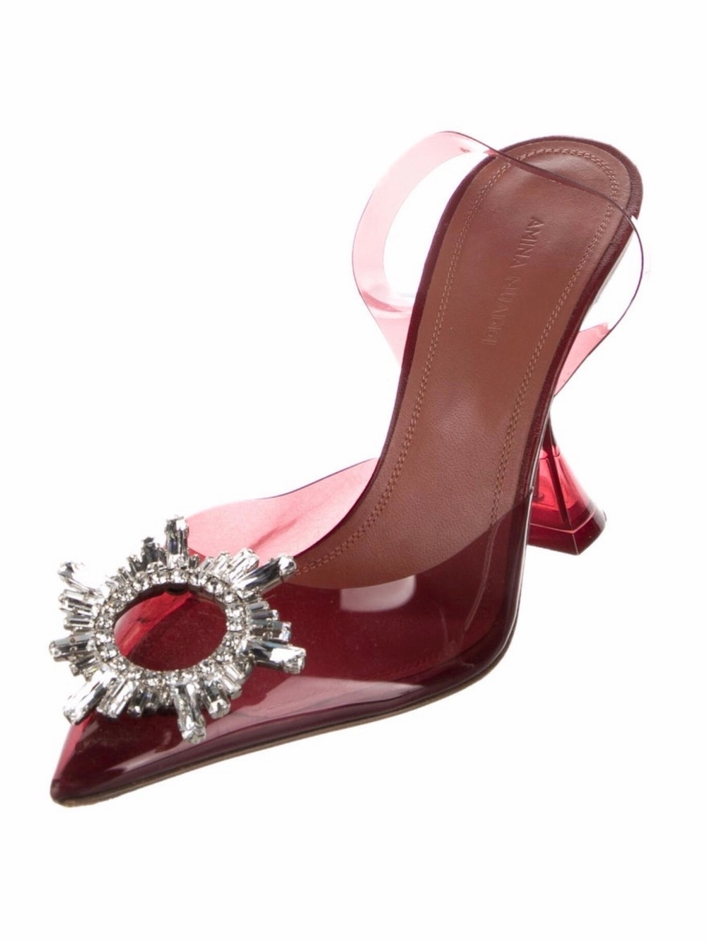 Amina Muaddi Red Pink PVC Mule with Crystal Sunburst